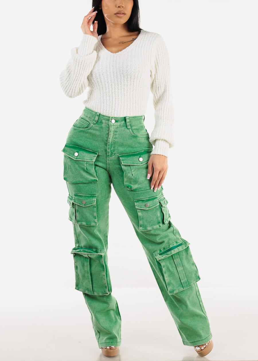 High Waist Utility Cargo Jeans Acid Wash Green