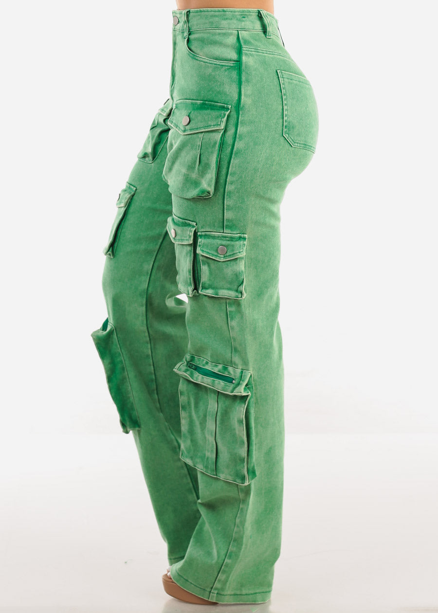 High Waist Utility Cargo Jeans Acid Wash Green