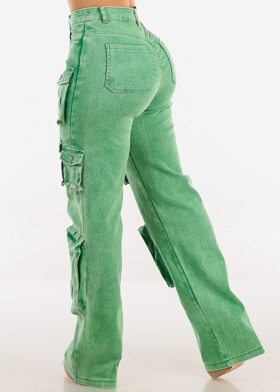 High Waist Utility Cargo Jeans Acid Wash Green