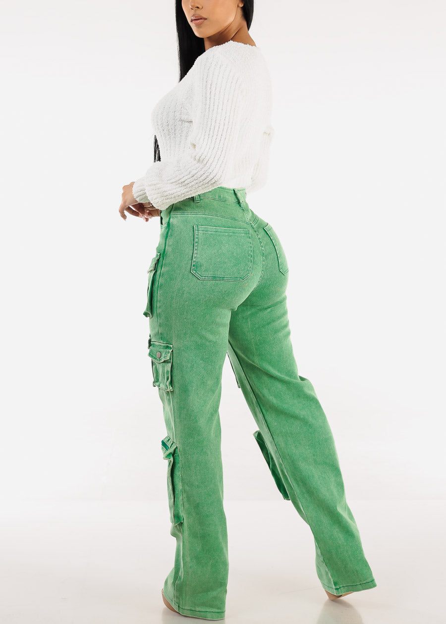 High Waist Utility Cargo Jeans Acid Wash Green