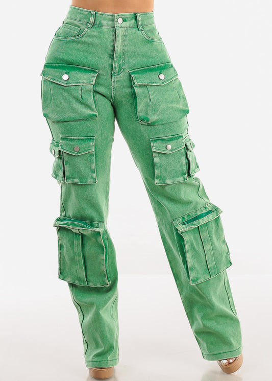 High Waist Utility Cargo Jeans Acid Wash Green