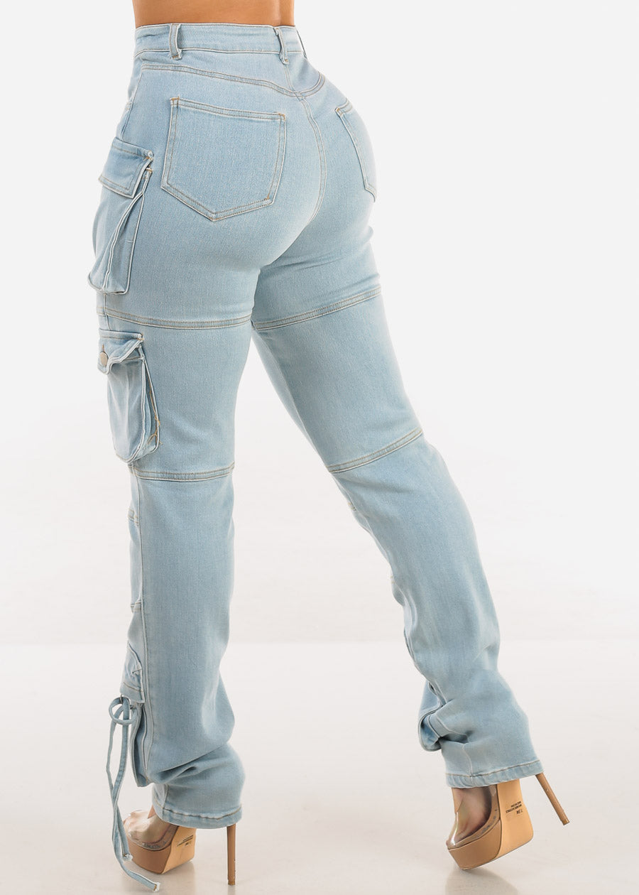 Super High Waist Light Straight Leg Cargo Jeans