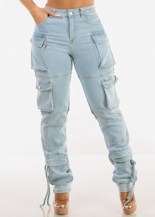 Super High Waist Light Straight Leg Cargo Jeans