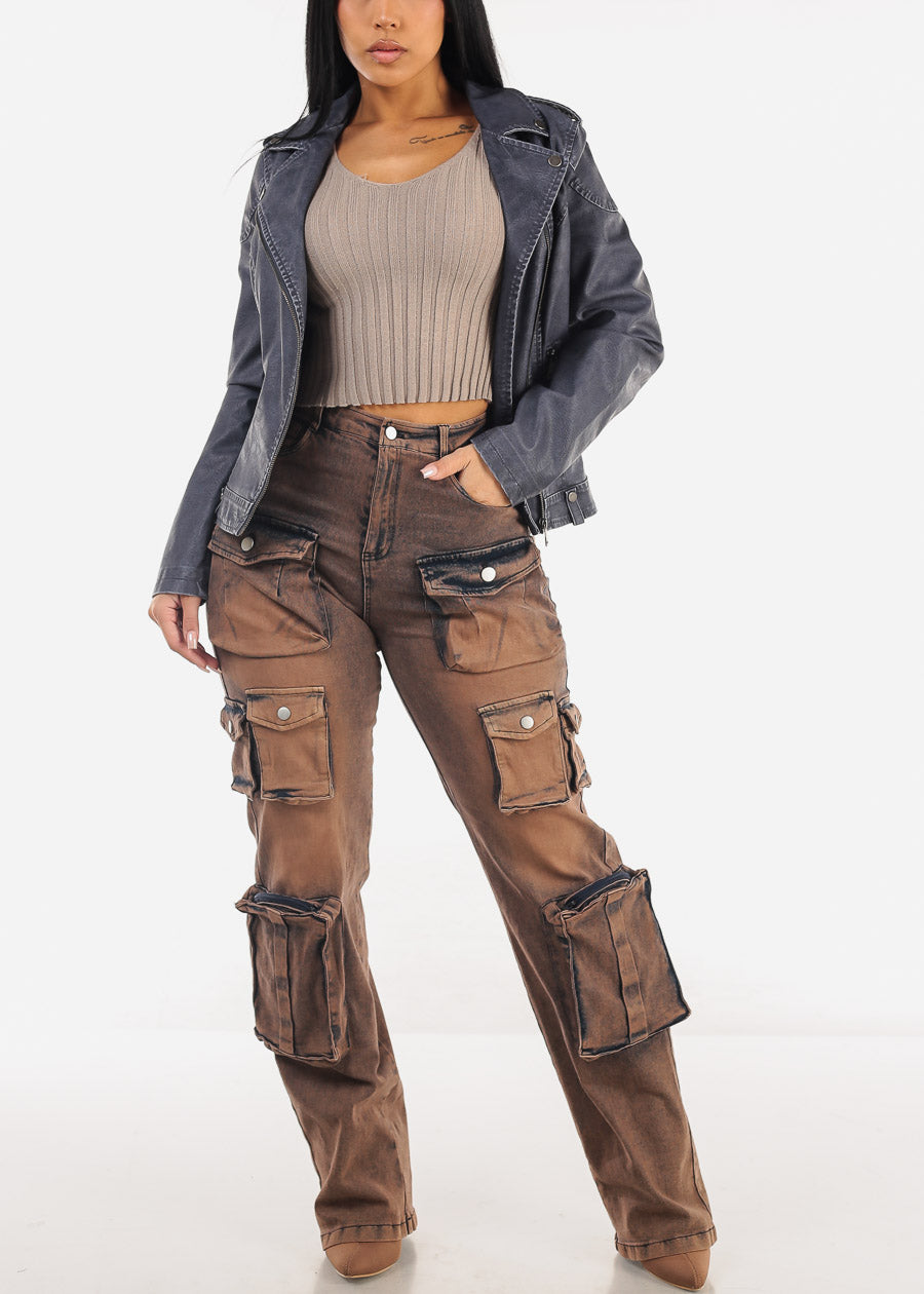 High Waist Acid Wash Utility Cargo Jeans Brown