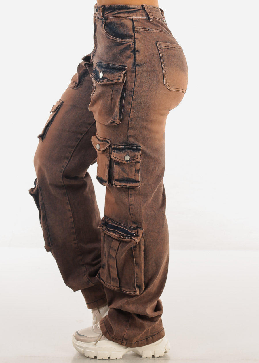 High Waist Acid Wash Utility Cargo Jeans Brown