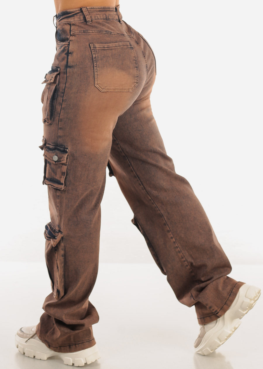 High Waist Acid Wash Utility Cargo Jeans Brown