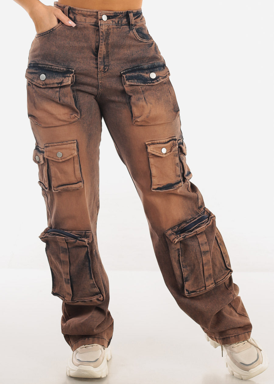 High Waist Acid Wash Utility Cargo Jeans Brown