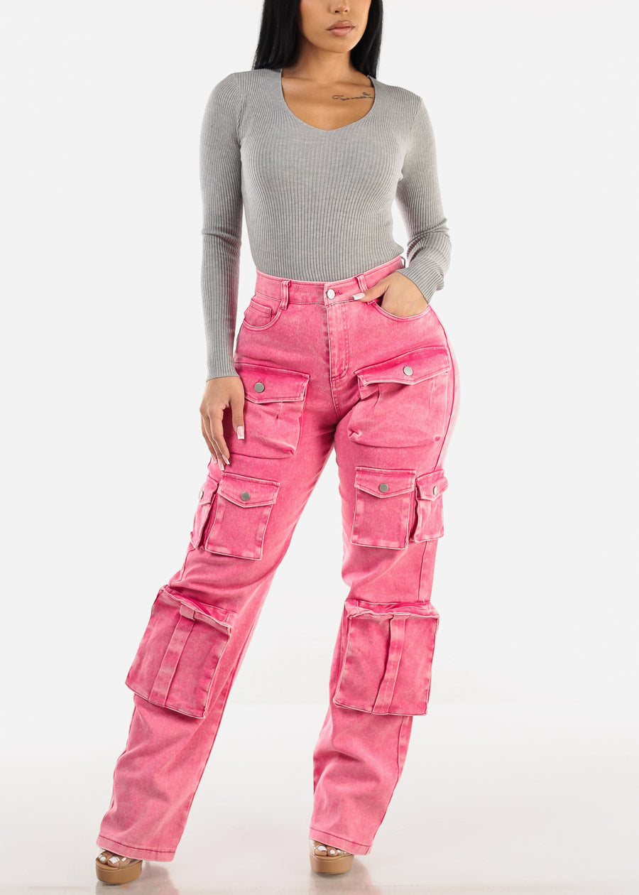 High Waist Utility Cargo Jeans Acid Wash Fuchsia