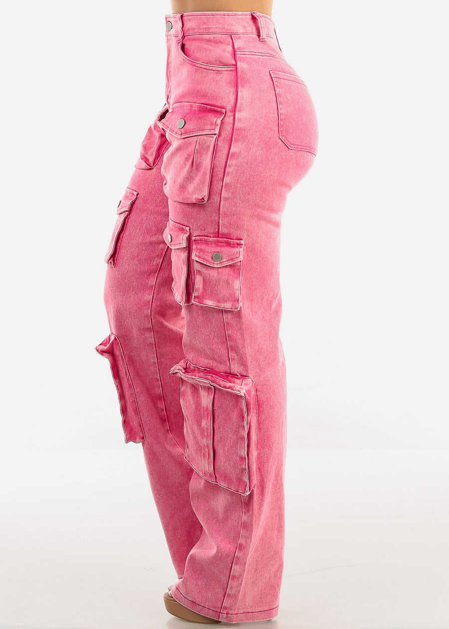 High Waist Utility Cargo Jeans Acid Wash Fuchsia