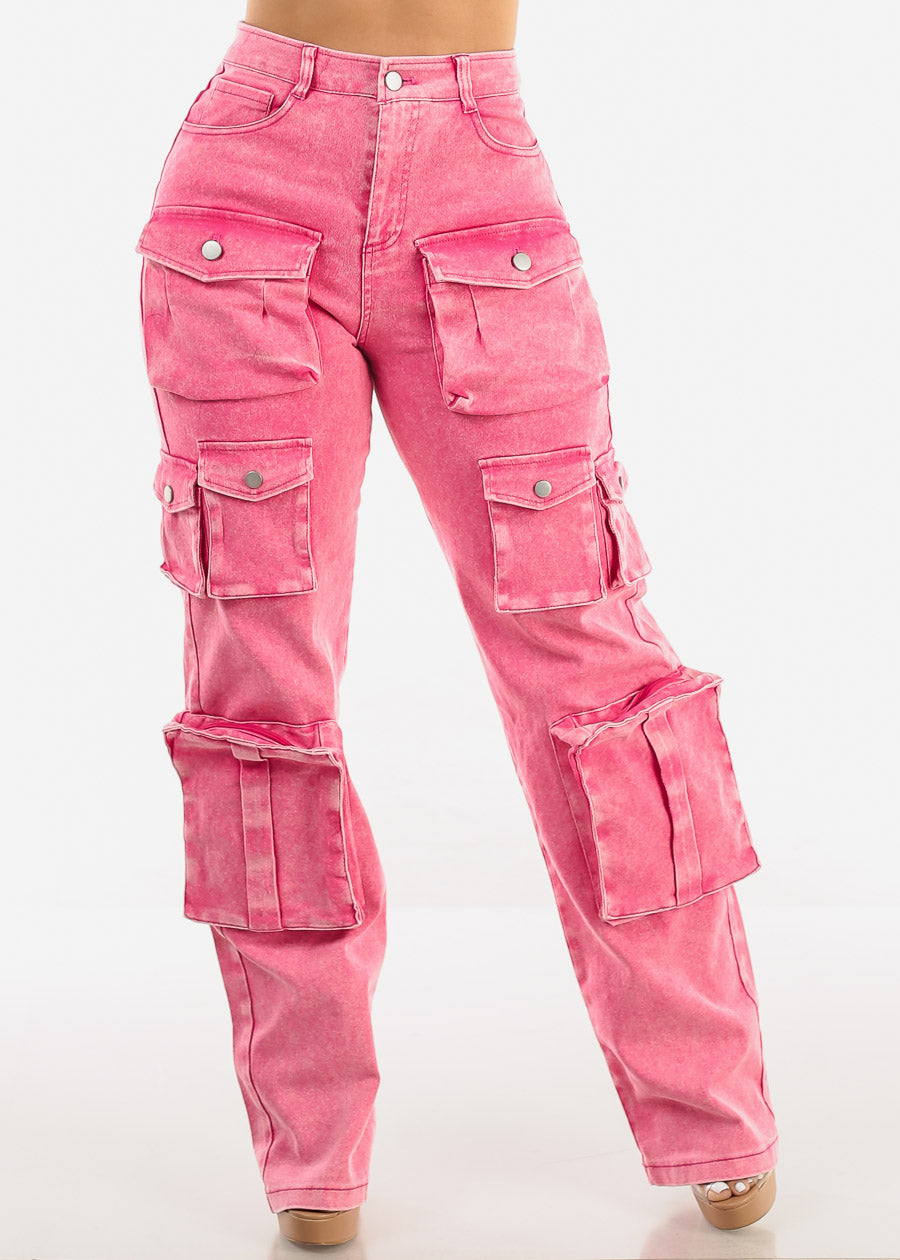 High Waist Utility Cargo Jeans Acid Wash Fuchsia