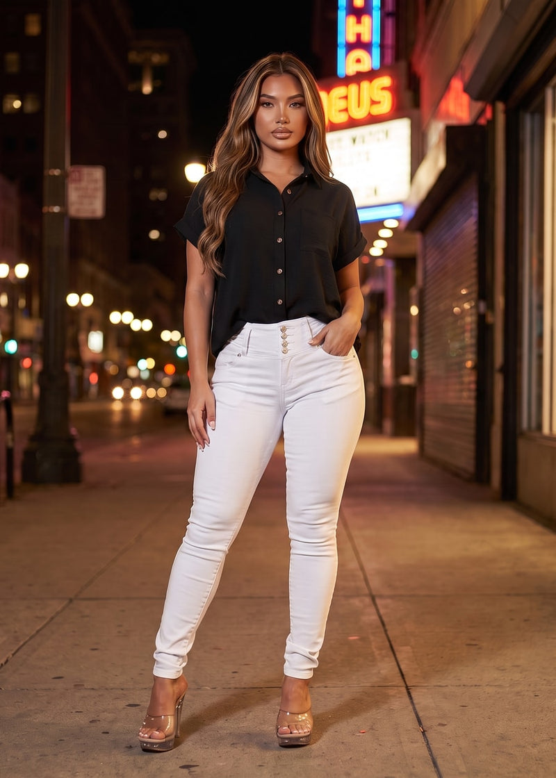 Short Sleeve Button Down Lightweight Blouse Black