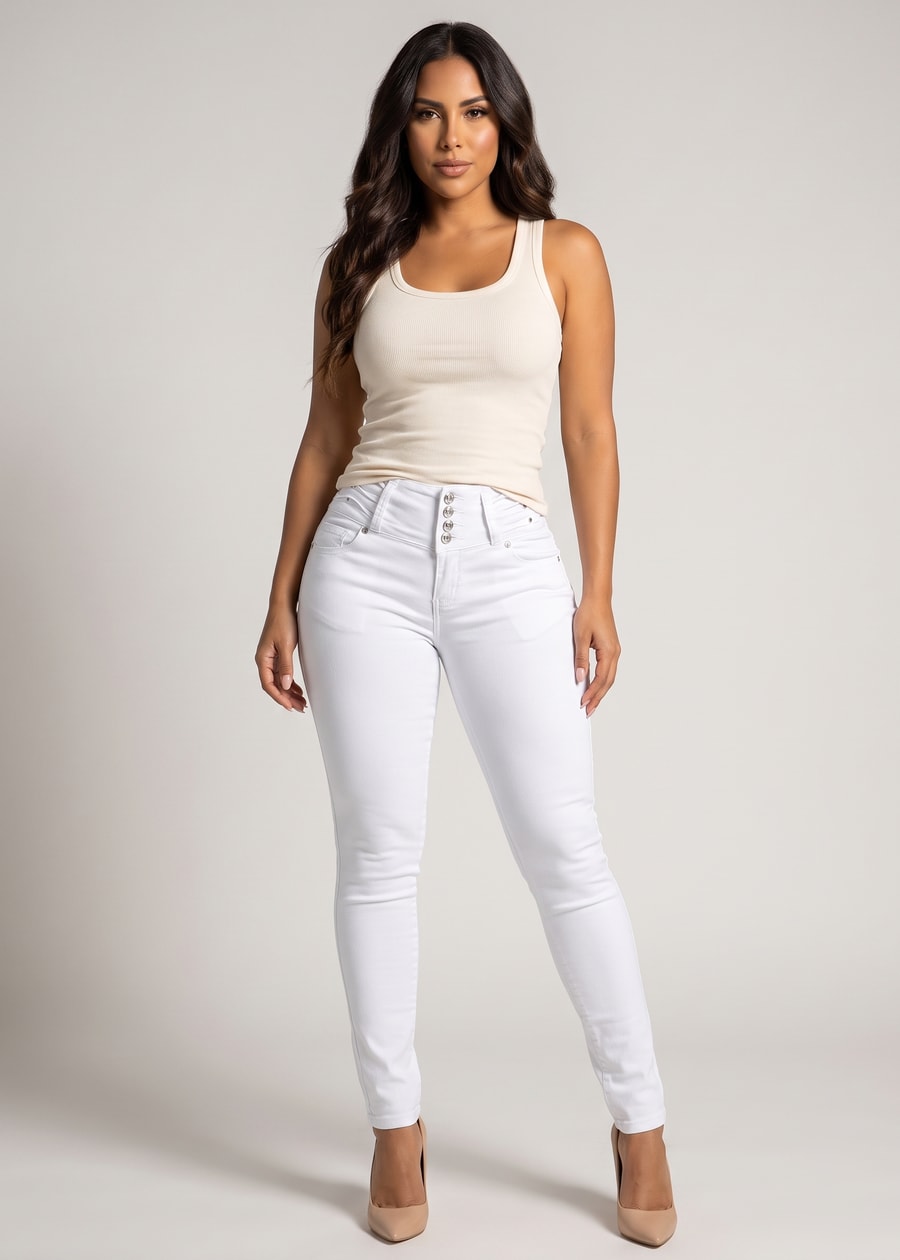 MX JEANS Levantacola High Waist White Stretch Skinny Jeans, view 3 of 15