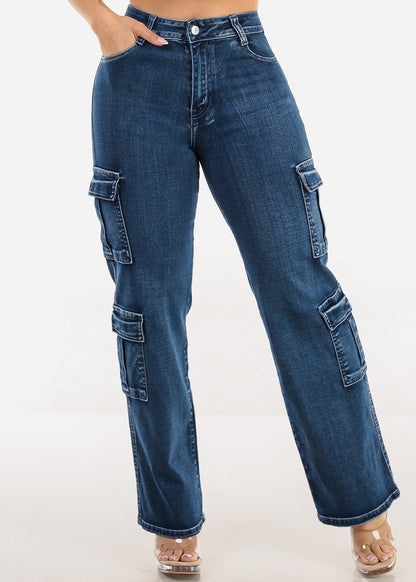 Butt Lift High Waist Straight Wide Leg Stretch Cargo Jeans Dark Wash