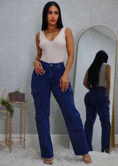 Butt Lift High Waist Straight Wide Leg Stretch Cargo Jeans Dark Wash