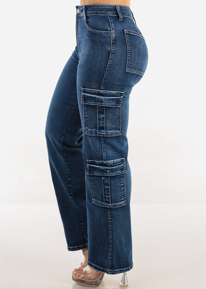 Butt Lift High Waist Straight Wide Leg Stretch Cargo Jeans Dark Wash