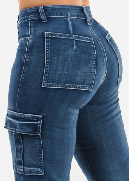 Butt Lift High Waist Straight Wide Leg Stretch Cargo Jeans Dark Wash