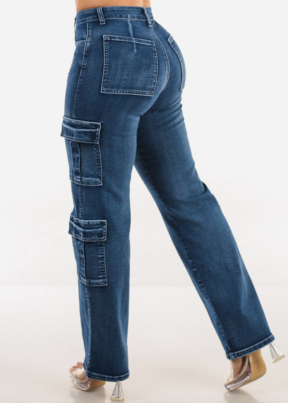 Butt Lift High Waist Straight Wide Leg Stretch Cargo Jeans Dark Wash