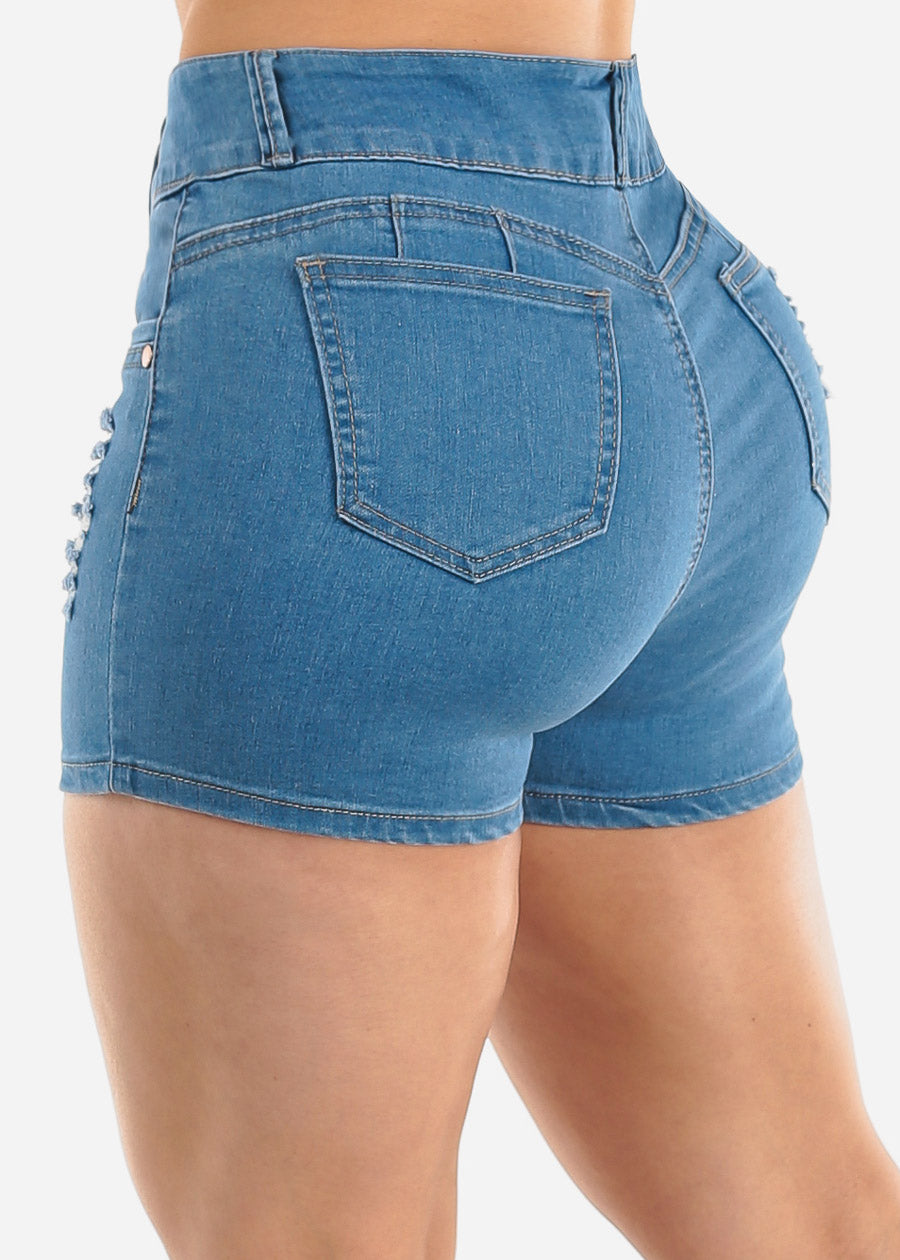 High Waisted Distressed Light Denim Shorts