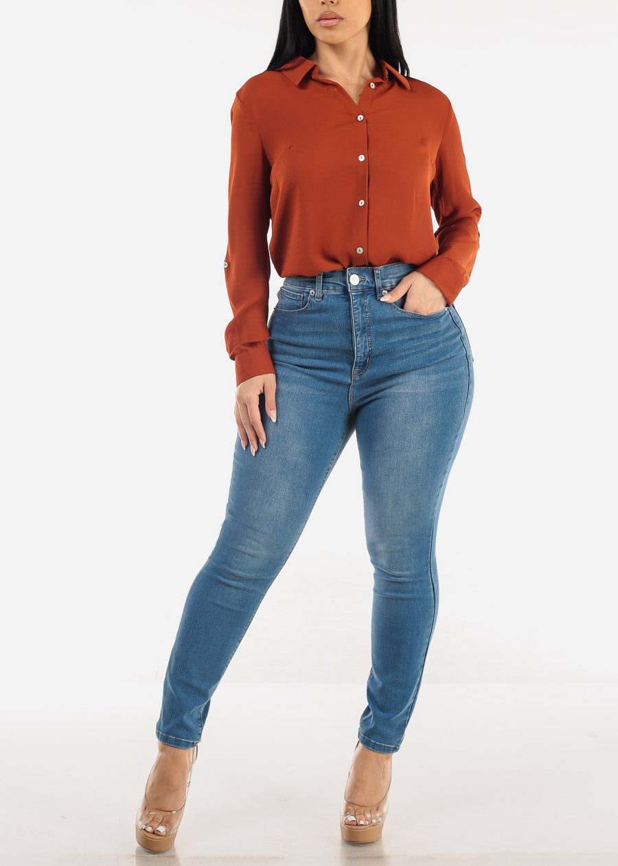 Super High Waist 1 Button Skinny Jeans Light Wash