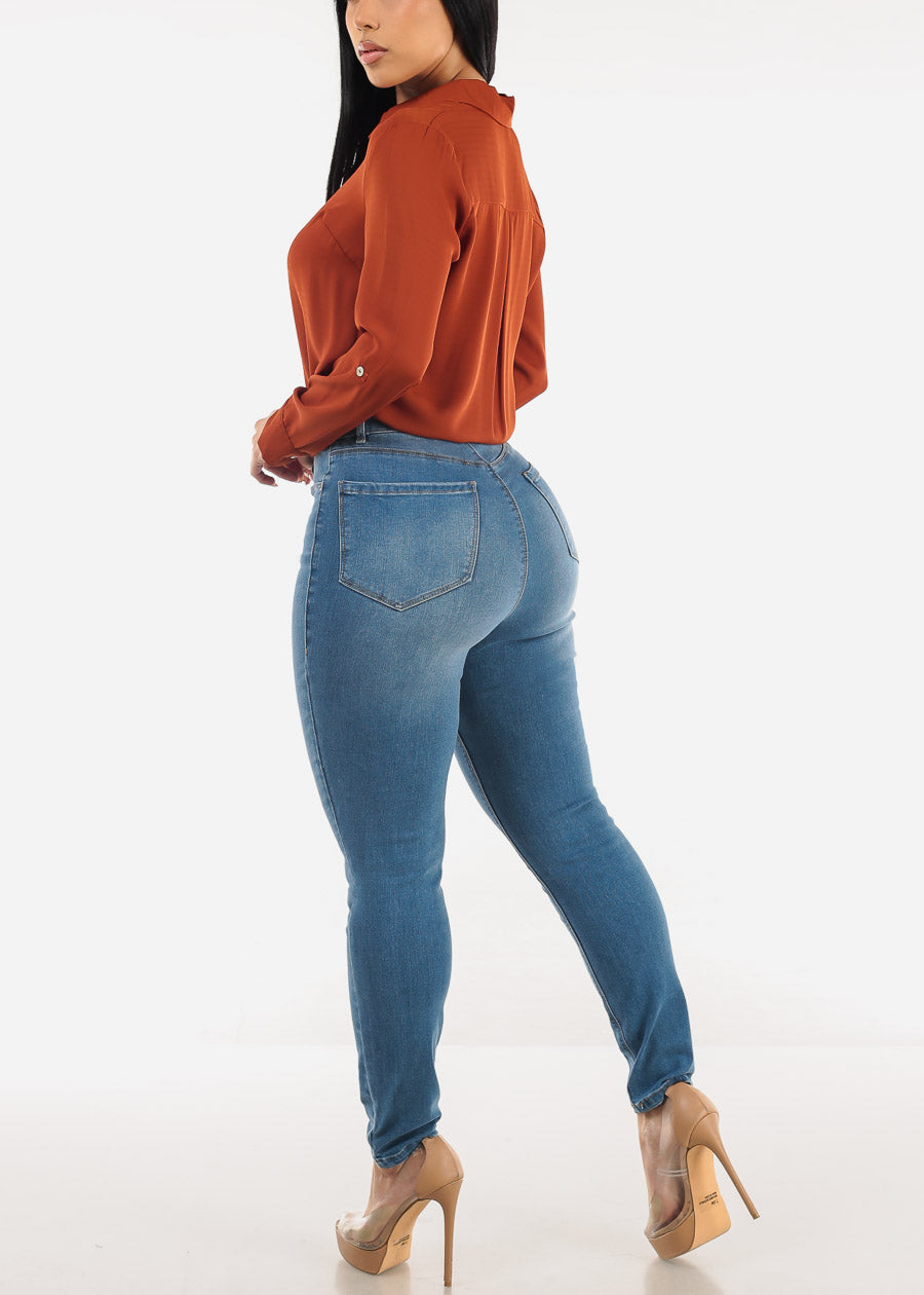 Super High Waist 1 Button Skinny Jeans Light Wash