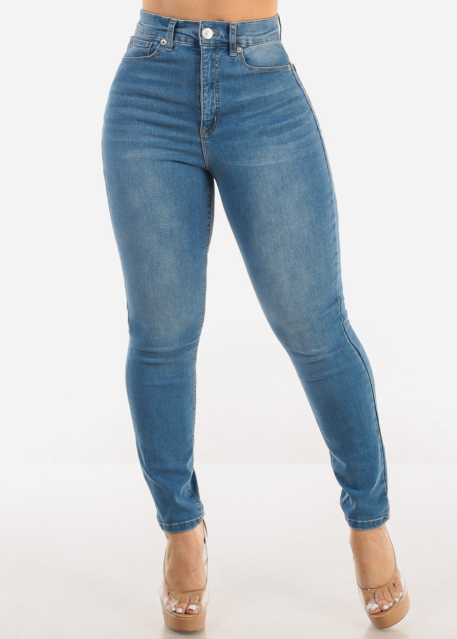 Super High Waist 1 Button Skinny Jeans Light Wash