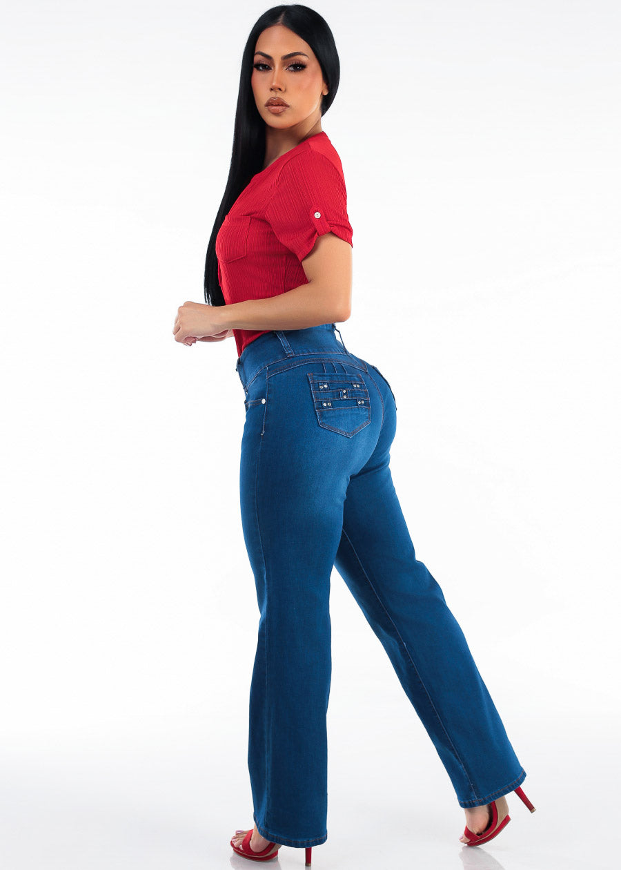 Butt Lift High Waist Stretch Wide Leg Jeans Indigo