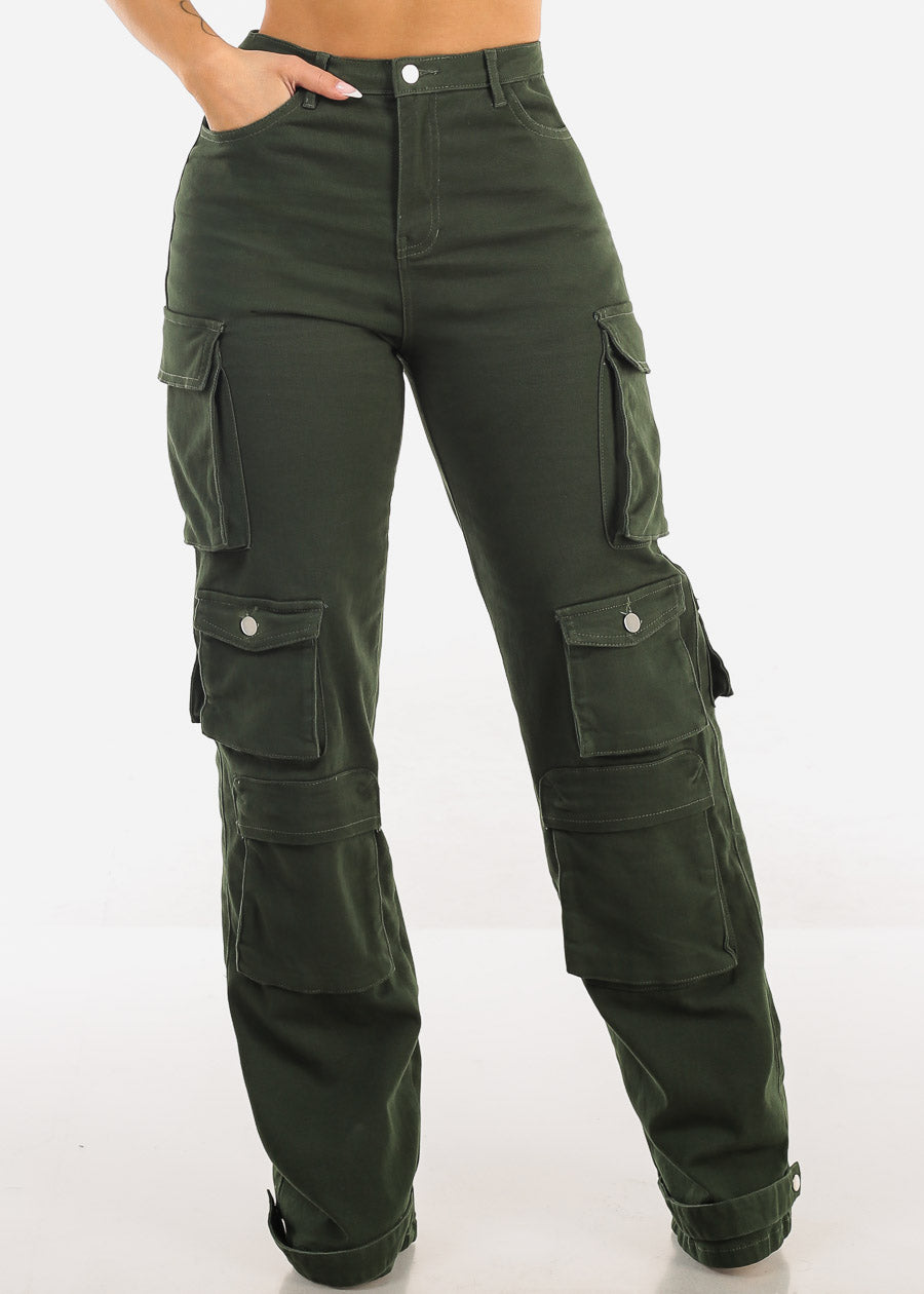 Butt Lift Straight Wide Leg Cargo Jeans Olive