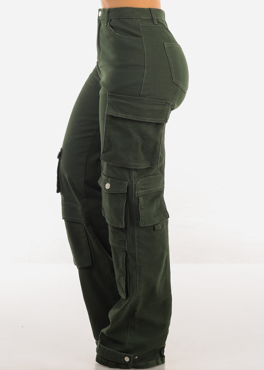 Butt Lift Straight Wide Leg Cargo Jeans Olive