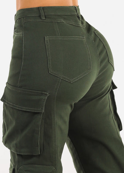 Butt Lift Straight Wide Leg Cargo Jeans Olive