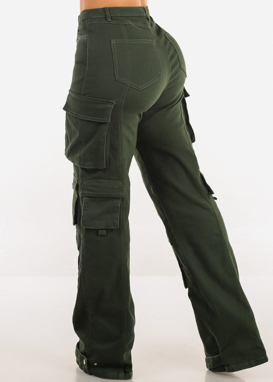 Butt Lift Straight Wide Leg Cargo Jeans Olive