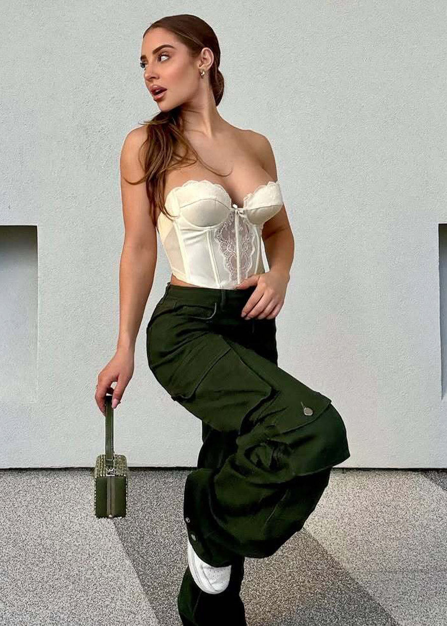 Butt Lift Straight Wide Leg Cargo Jeans Olive