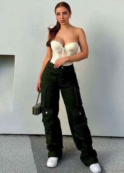 Butt Lift Straight Wide Leg Cargo Jeans Olive
