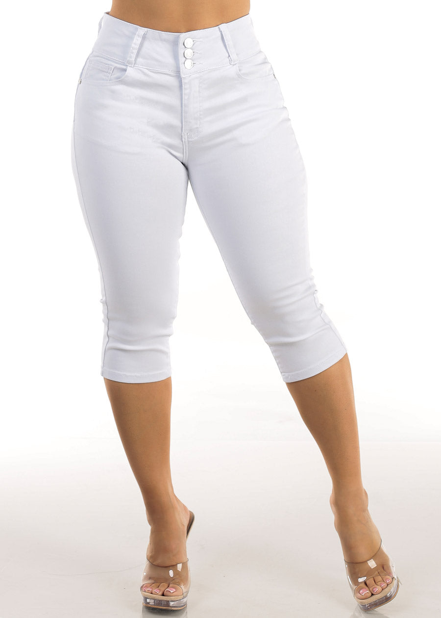 MX JEANS Levantacola High Rise Stretch White Denim Capris