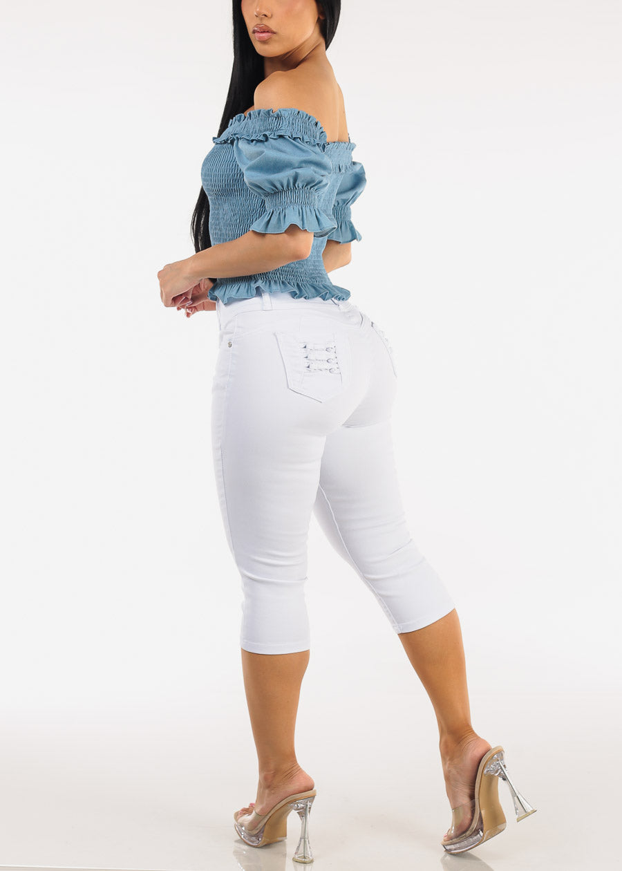 MX JEANS Levantacola High Rise Stretch White Denim Capris