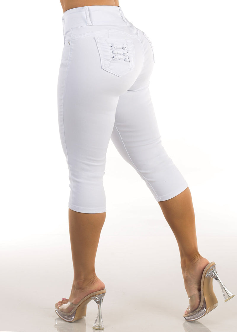 MX JEANS Levantacola High Rise Stretch White Denim Capris