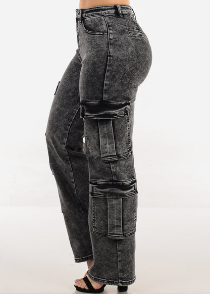 Butt Lift High Waist Straight Wide Leg Stretch Cargo Jeans Black Acid Wash