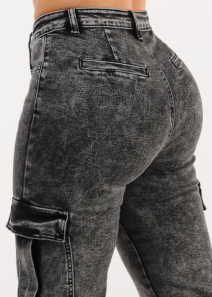 Butt Lift High Waist Straight Wide Leg Stretch Cargo Jeans Black Acid Wash