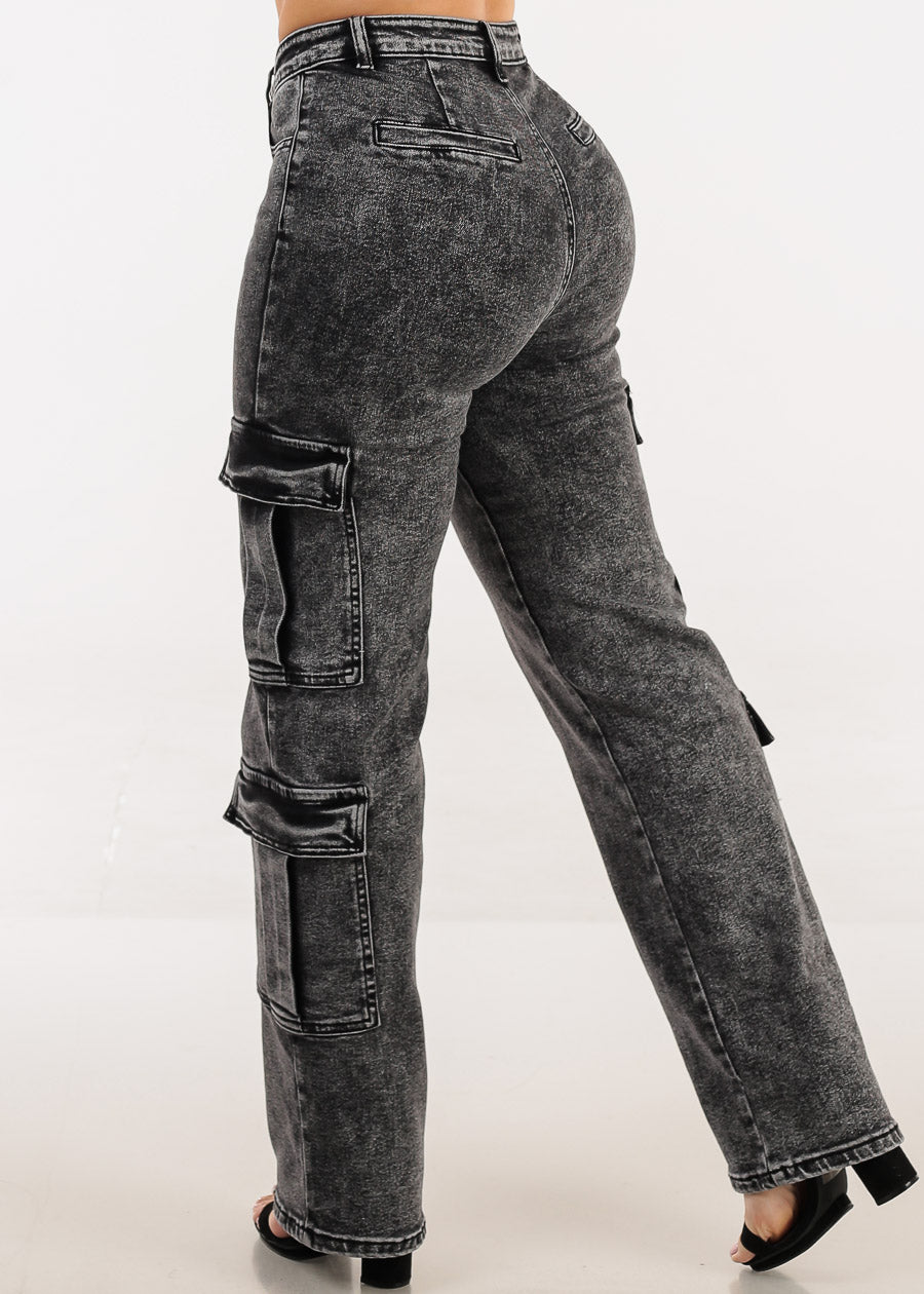 Butt Lift High Waist Straight Wide Leg Stretch Cargo Jeans Black Acid Wash