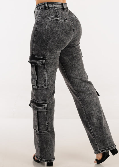 Butt Lift High Waist Straight Wide Leg Stretch Cargo Jeans Black Acid Wash