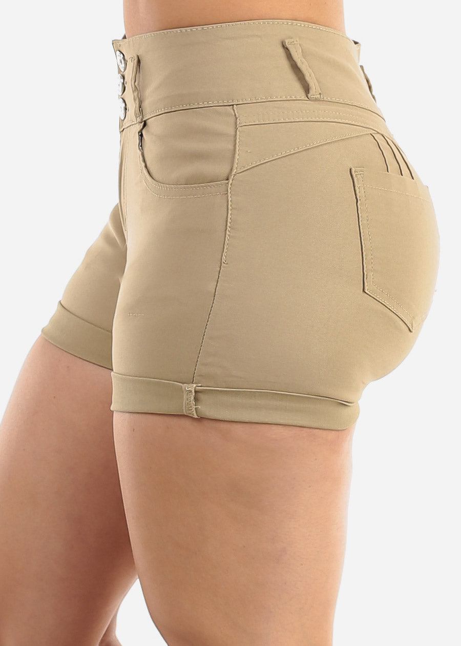 MX JEANS High Waist Hyper Stretch Butt Lifting Mid Thigh Shorts Khaki