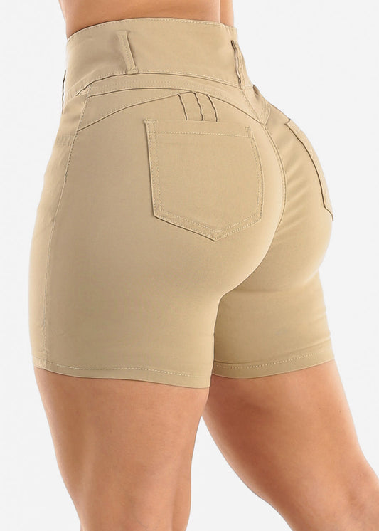 MX JEANS High Waist Hyper Stretch Butt Lifting Cuffed Shorts Khaki