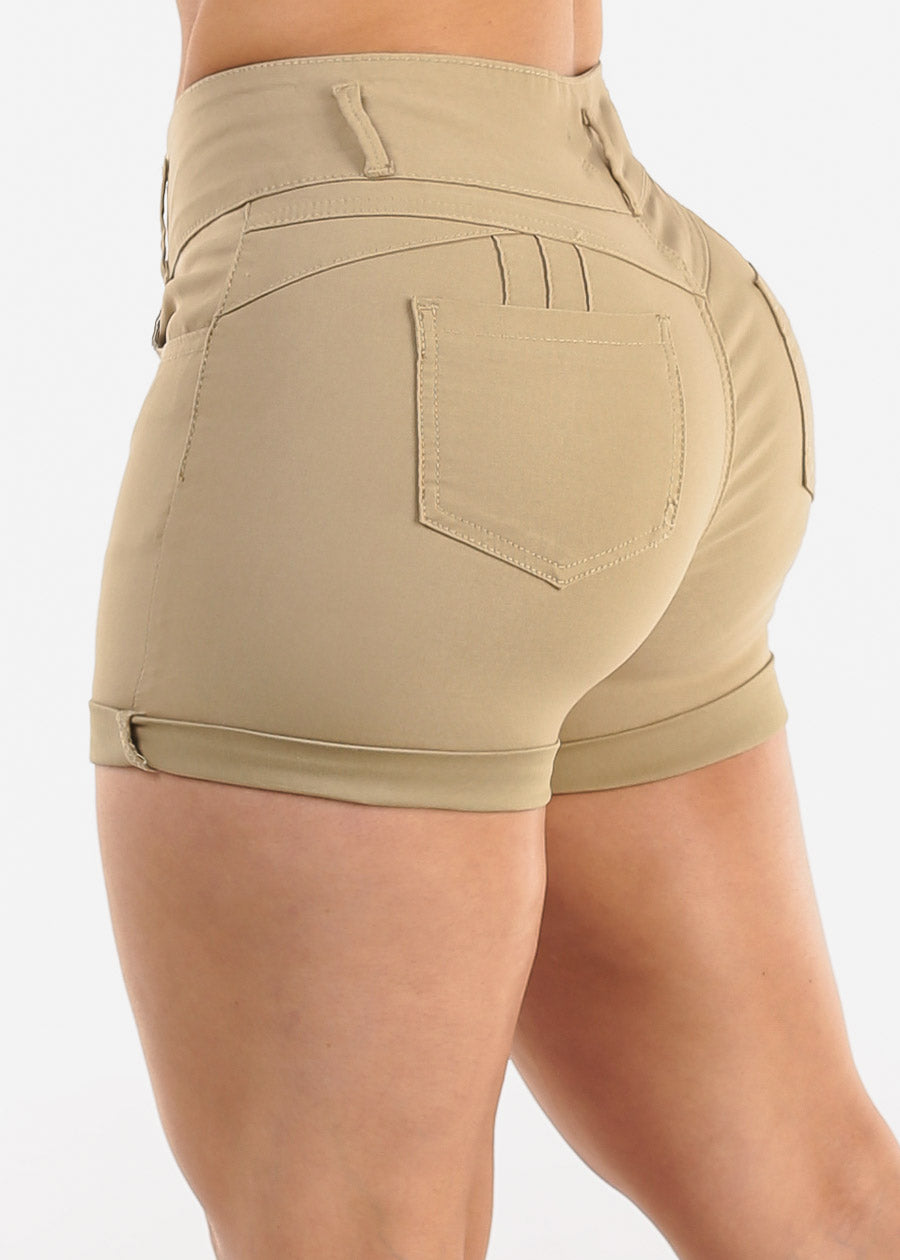 MX JEANS High Waist Hyper Stretch Butt Lifting Mid Thigh Shorts Khaki