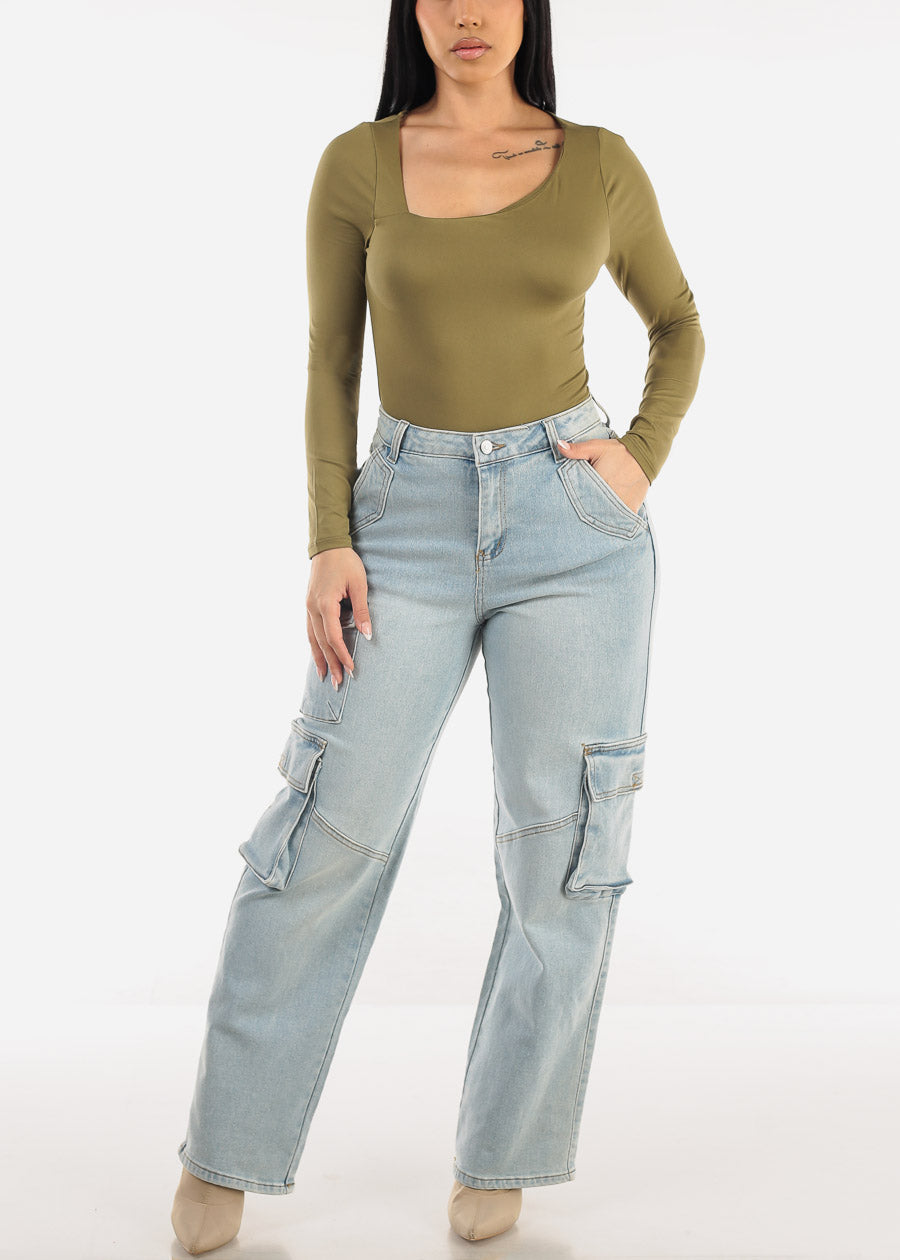 Super High Waist Straight Wide Leg Cargo Jeans Light Wash