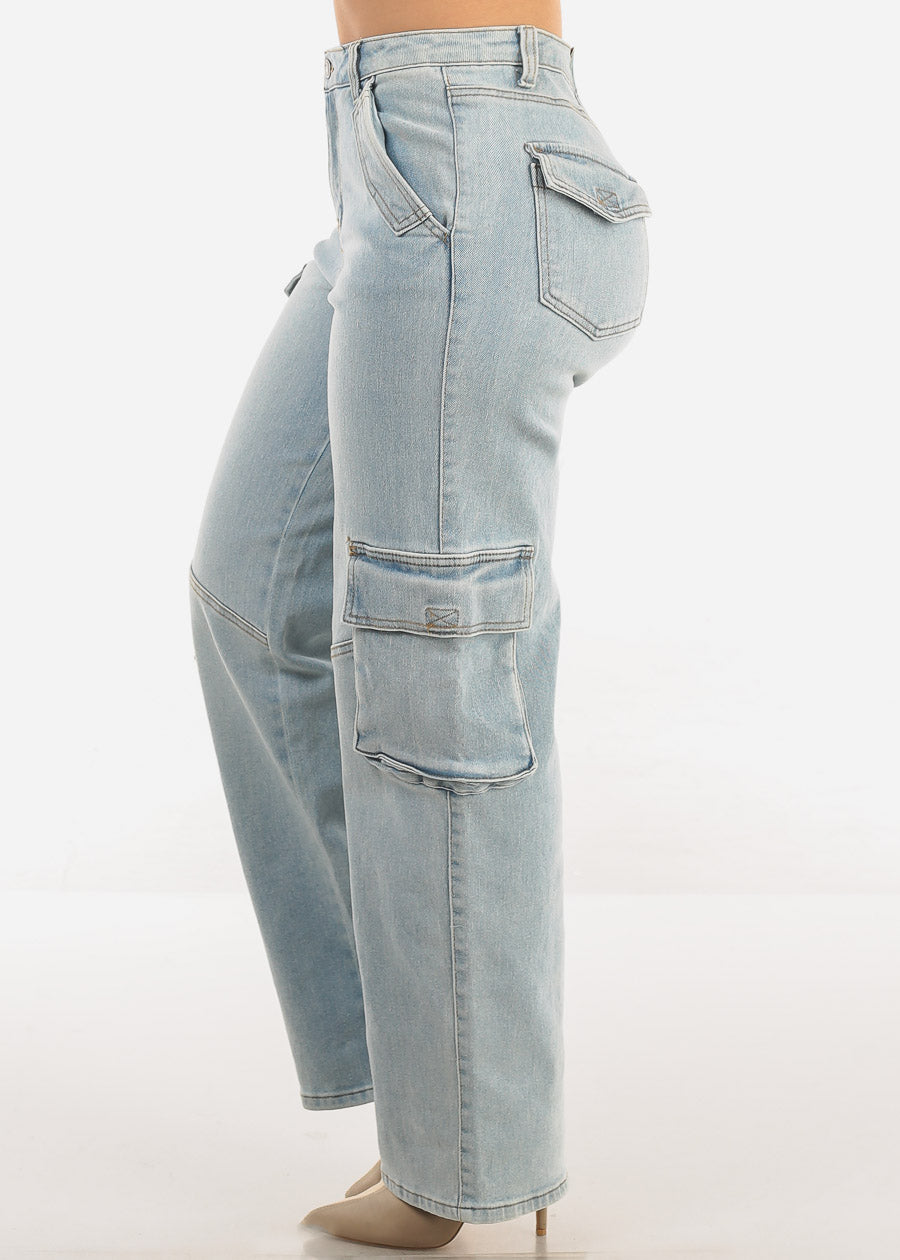 Super High Waist Straight Wide Leg Cargo Jeans Light Wash