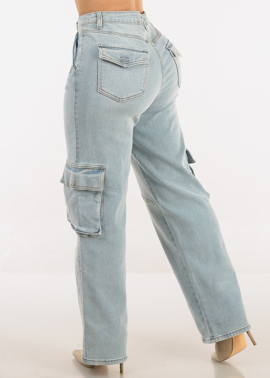 Super High Waist Straight Wide Leg Cargo Jeans Light Wash