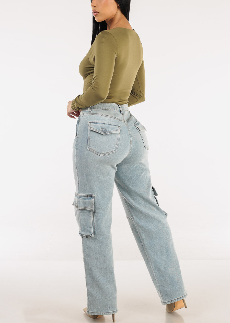 Super High Waist Straight Wide Leg Cargo Jeans Light Wash