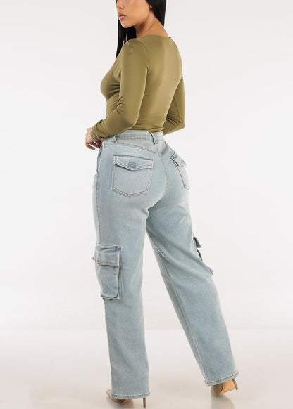 Super High Waist Straight Wide Leg Cargo Jeans Light Wash
