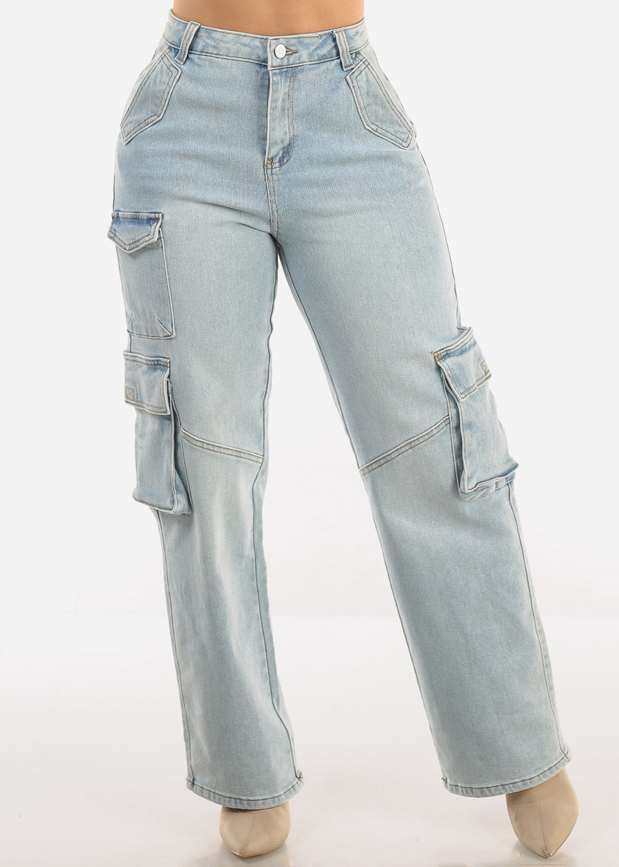 Super High Waist Straight Wide Leg Cargo Jeans Light Wash