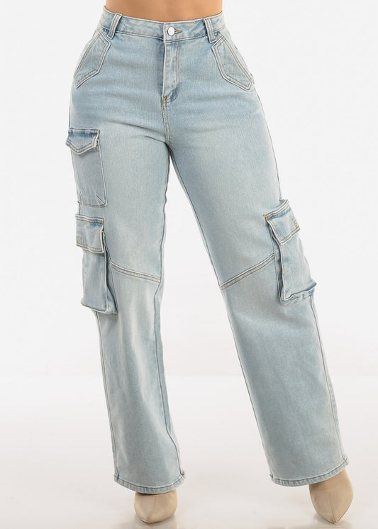 Super High Waist Straight Wide Leg Cargo Jeans Light Wash