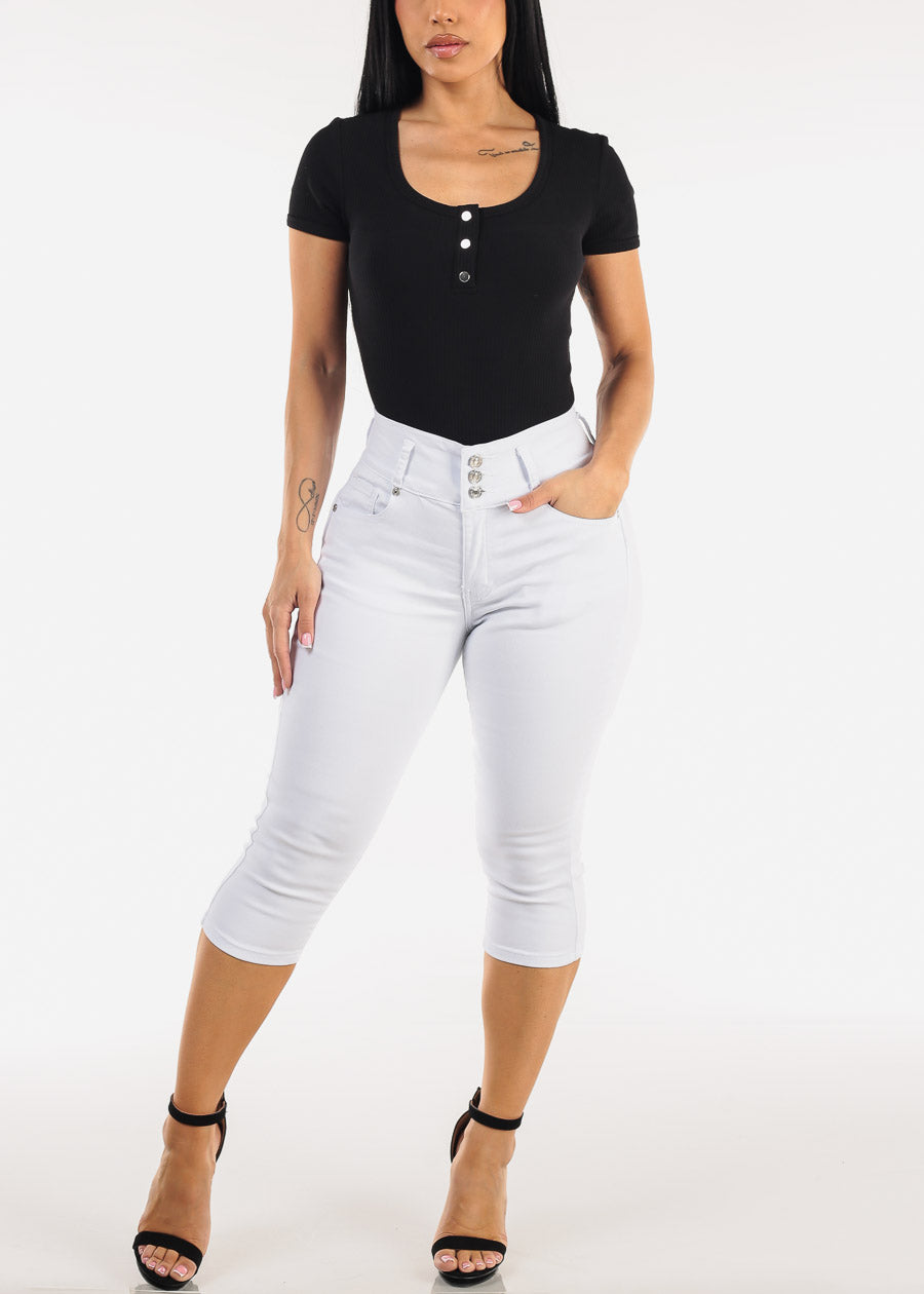 MX JEANS Butt Lift High Rise Stretch Denim Capris White